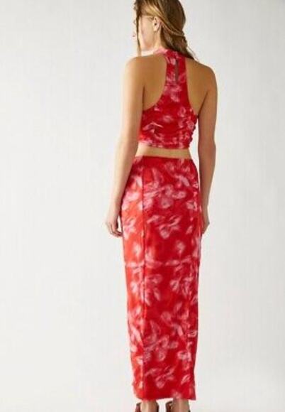 Free People Ruched Mesh Slit Maxi Skirt Red Size Small Y2K Indie Sleaze Festival - Picture 2 of 9